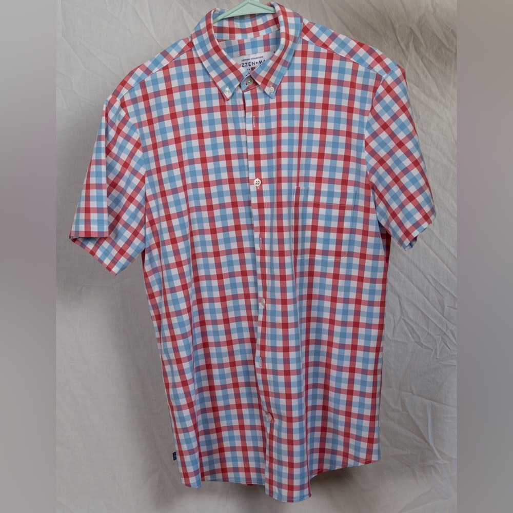 Mizzen+Main Short Sleeve Button Down Plaid Shirt Red, White, Blue XL Trim Fit